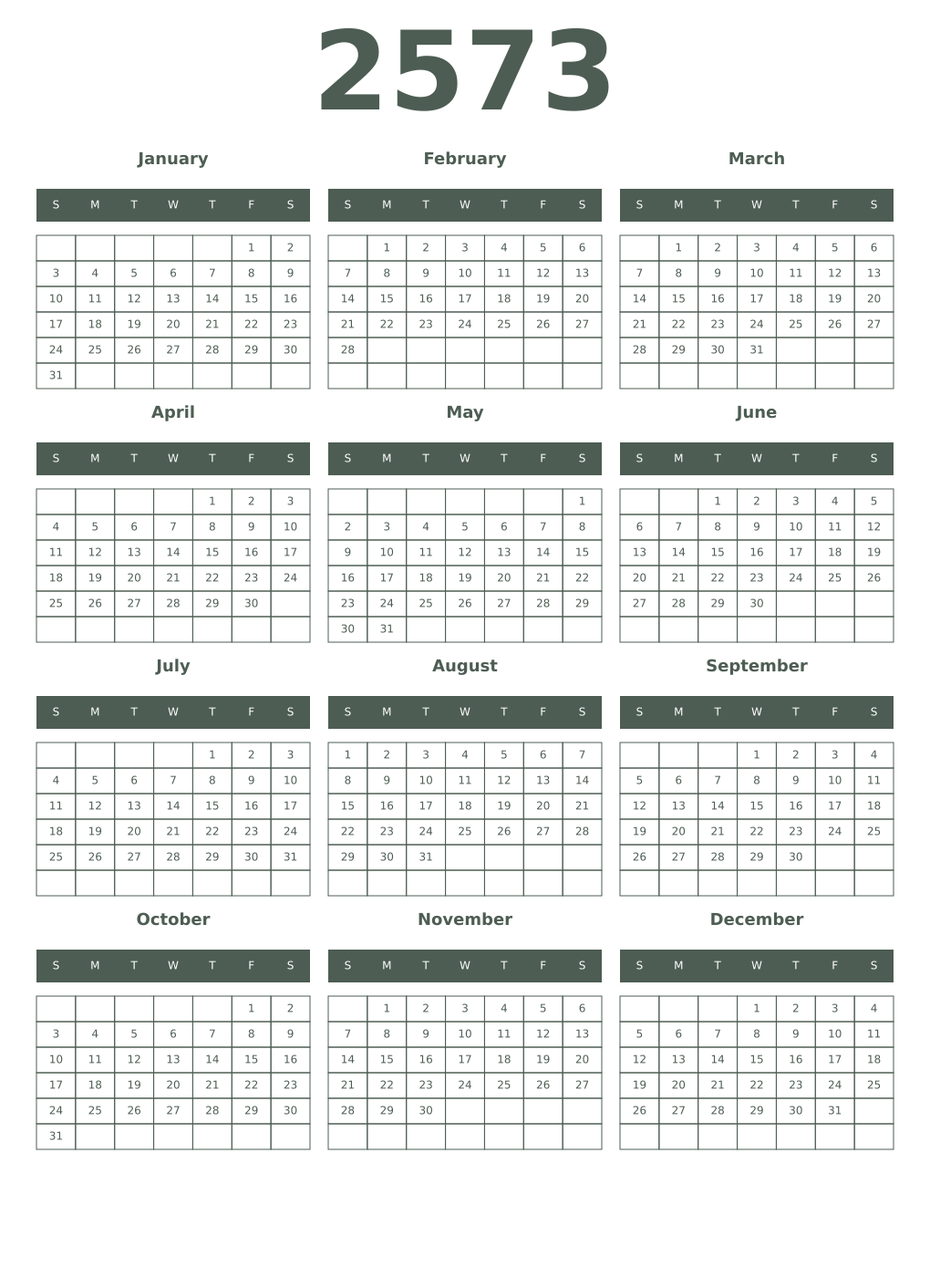 Printable 2573 Year Calendars feldgrau