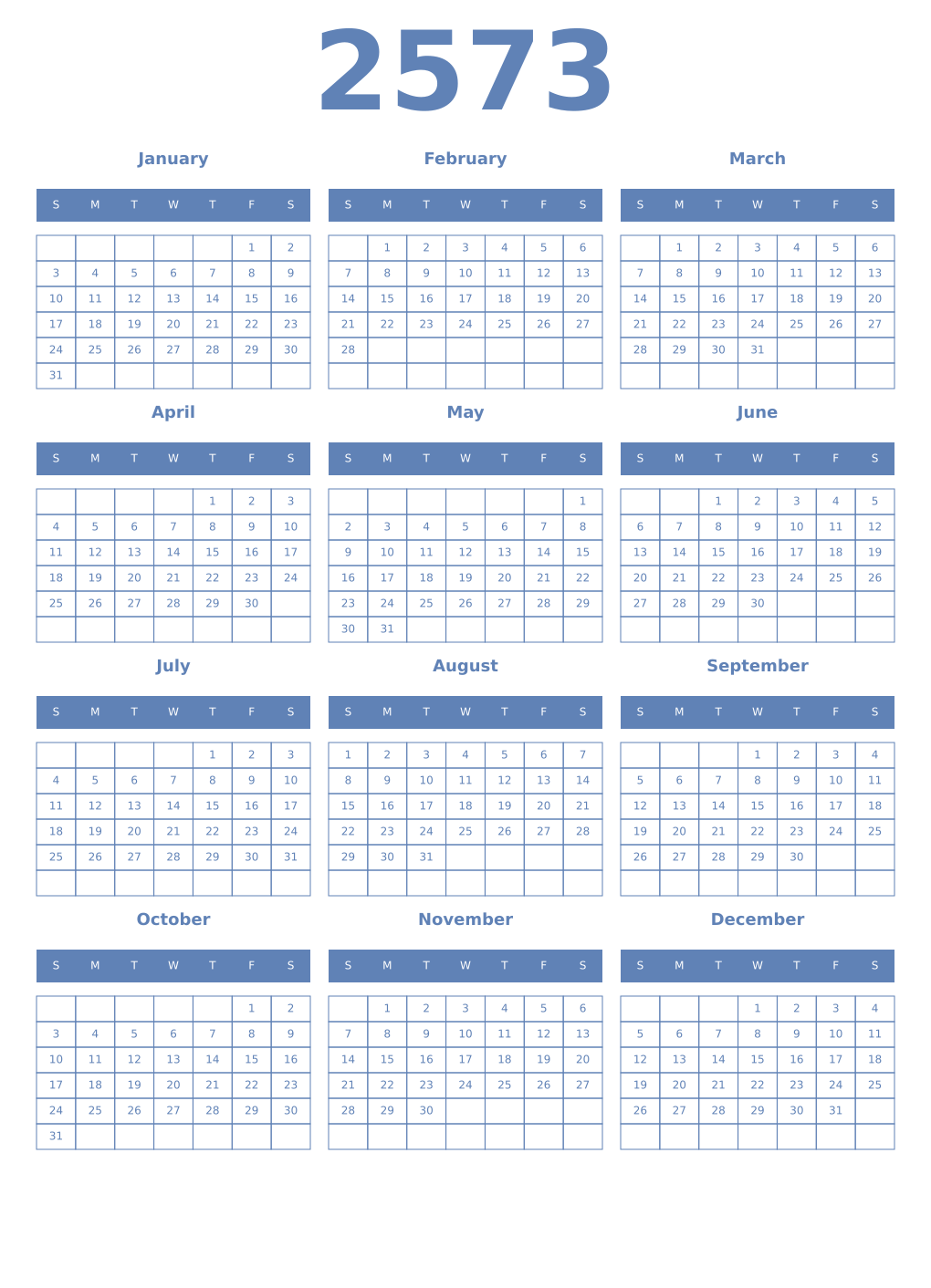 Printable 2573 Year Calendars glaucous