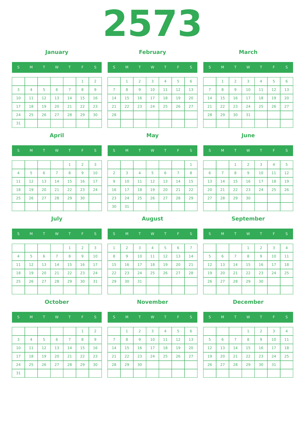 Printable 2573 Year Calendars green