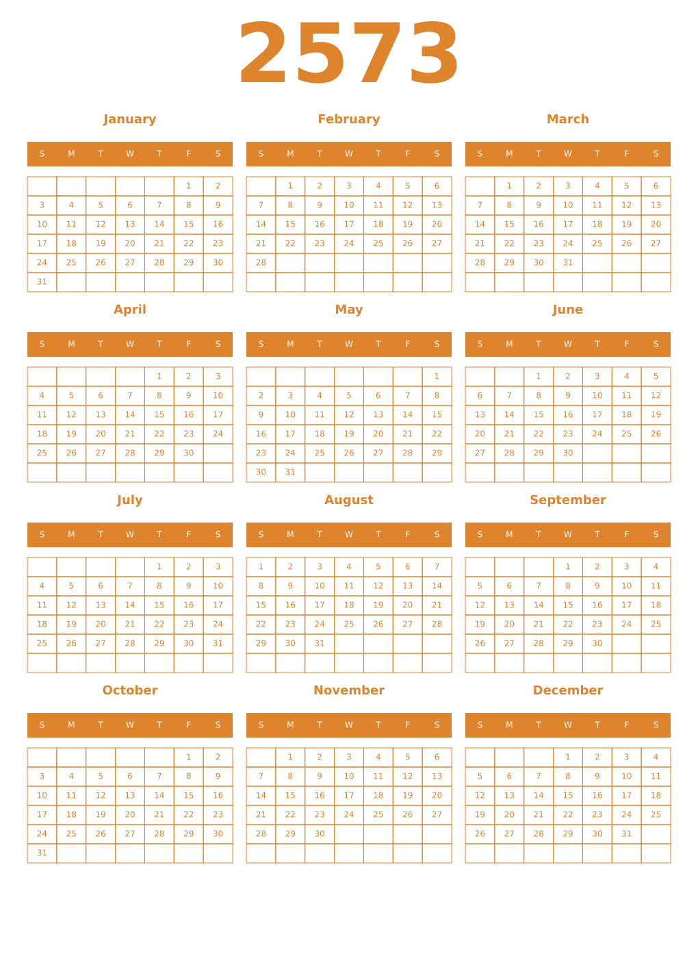 Printable 2573 Year Calendars orange