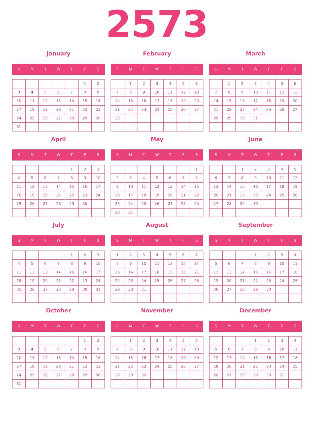 Printable 2573 Year Calendars pink