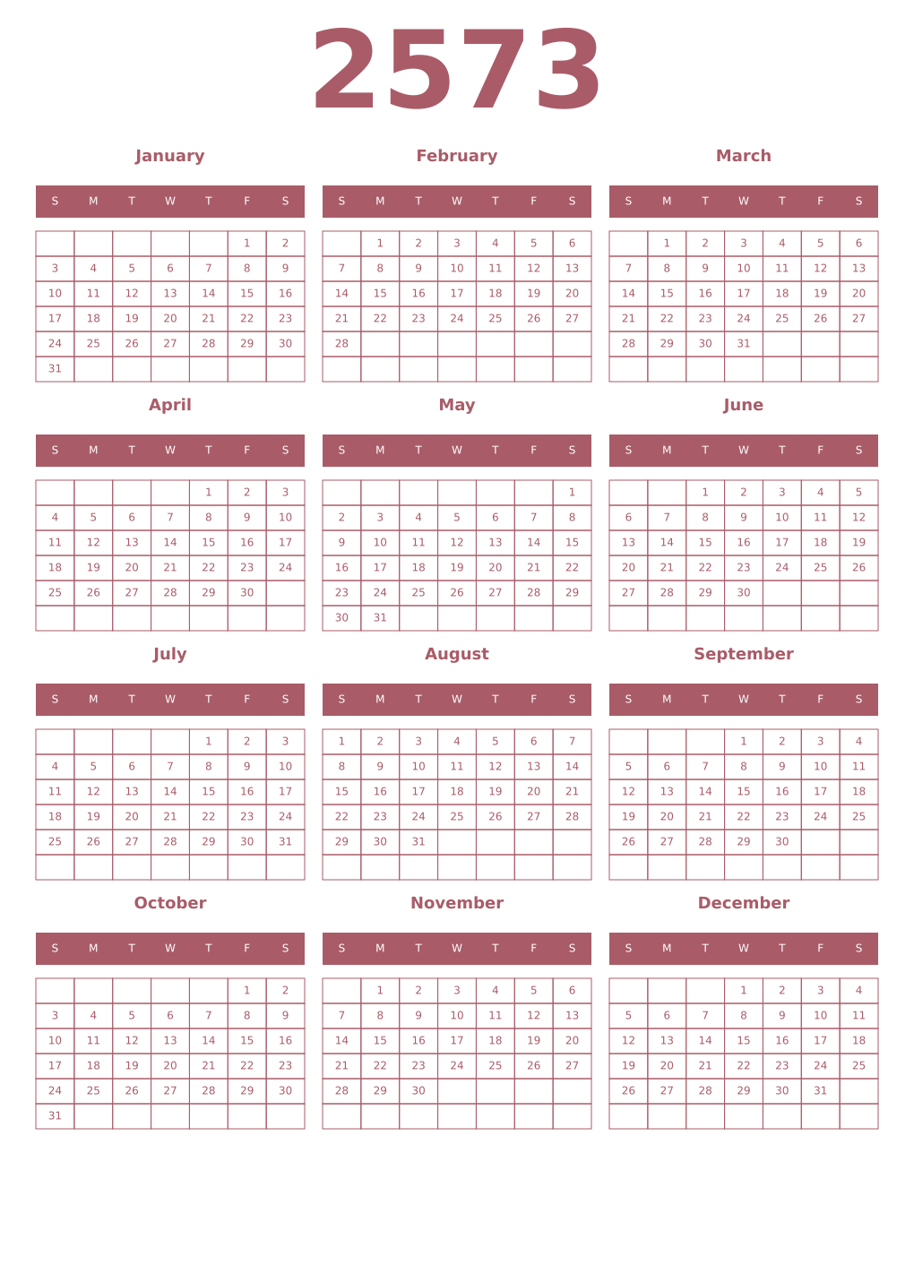 Printable 2573 Year Calendars puce