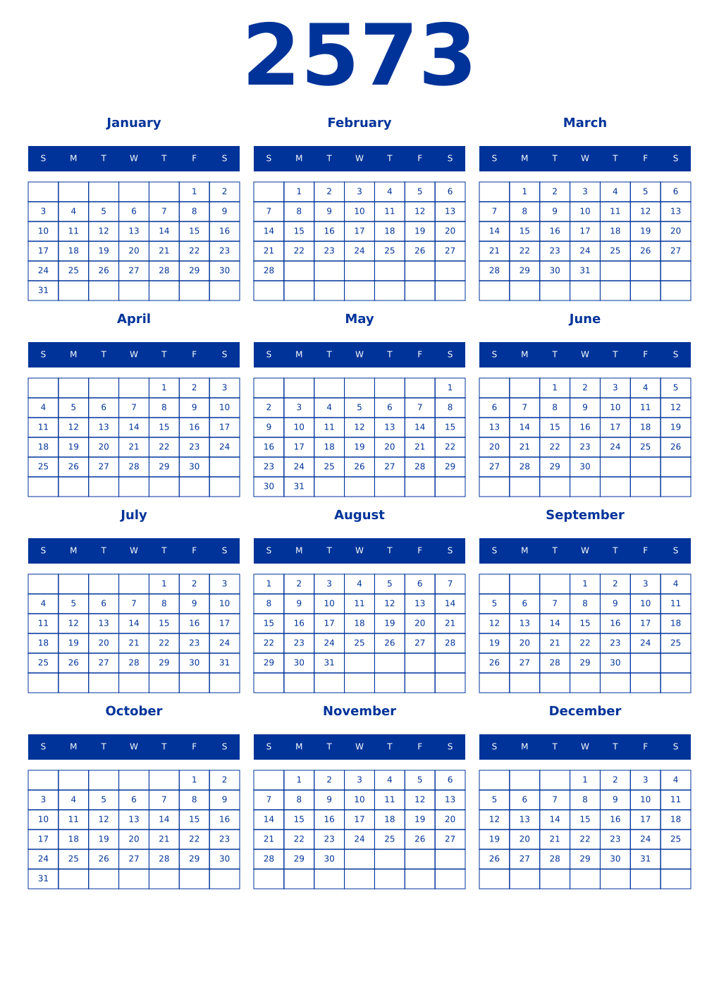 Printable 2573 Year Calendars smalt