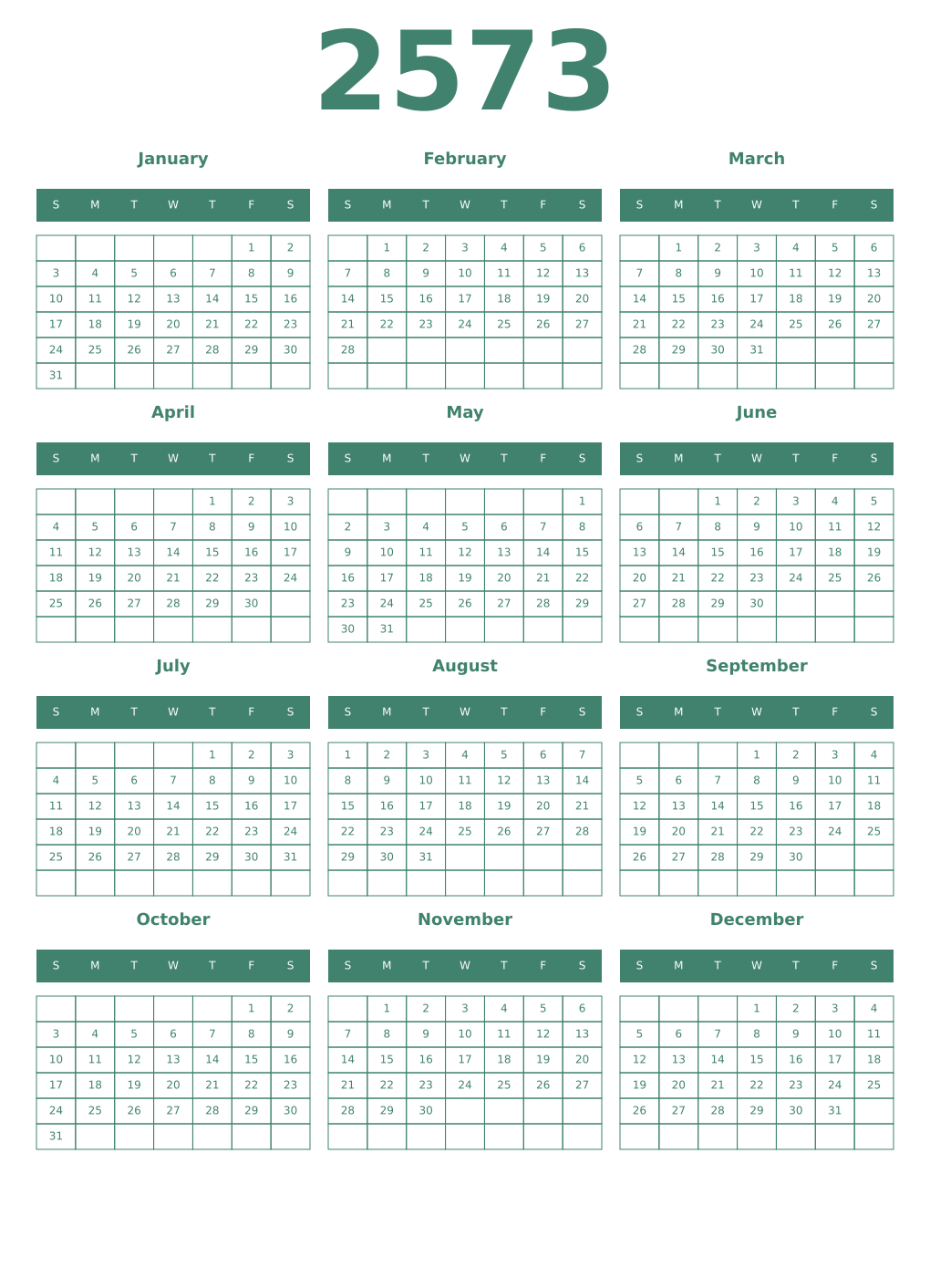Printable 2573 Year Calendars viridian