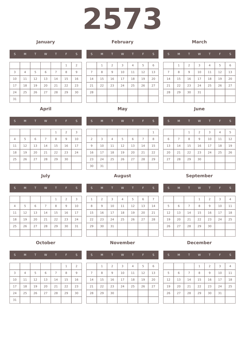 Printable 2573 Year Calendars wenge