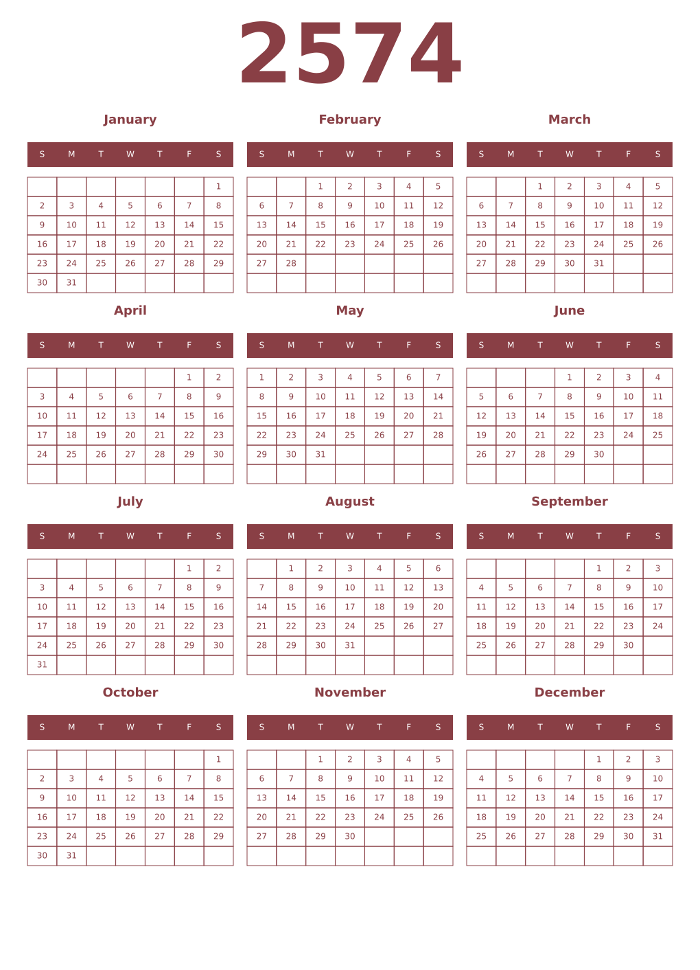 Printable 2574 Year Calendars cordovan