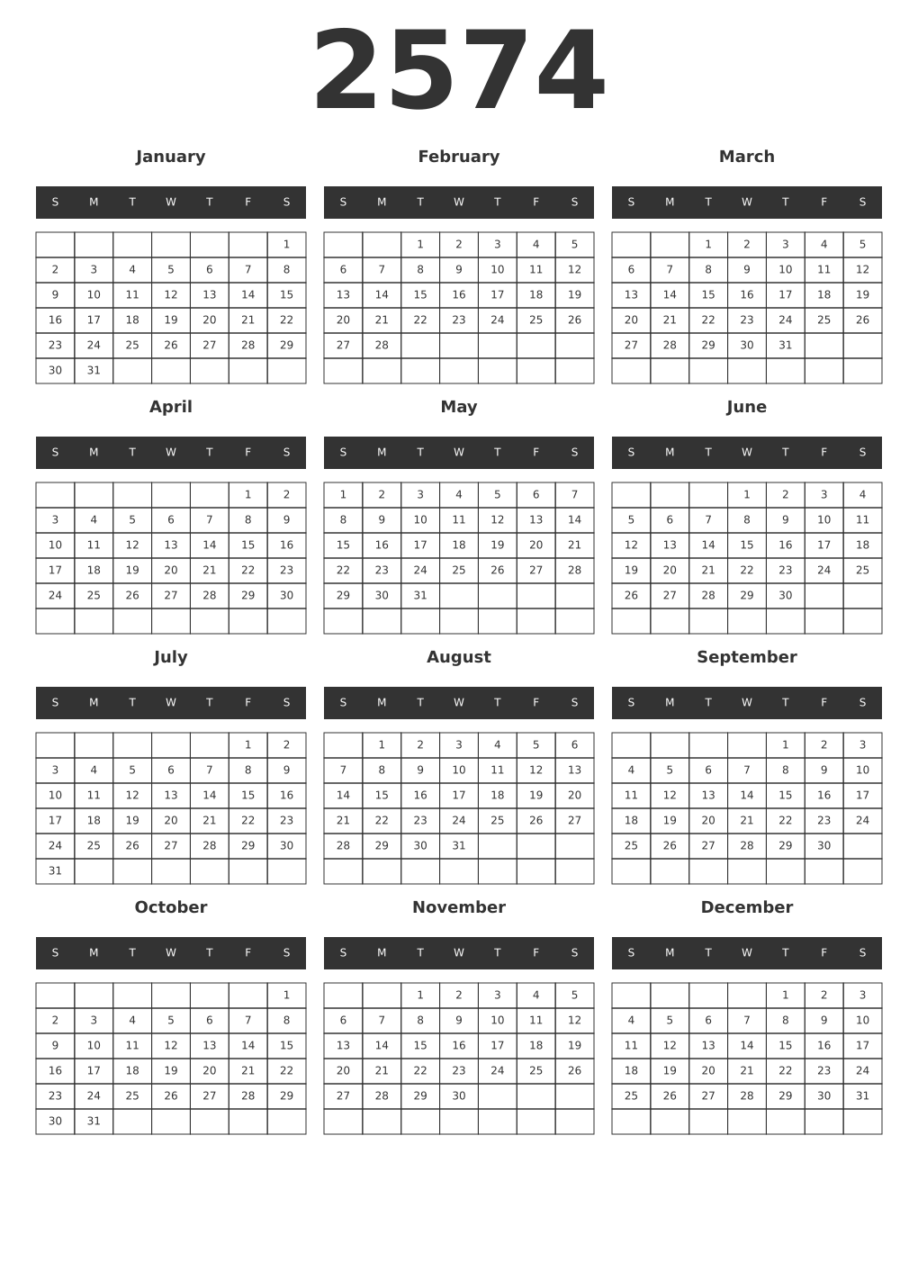 Printable 2574 Year Calendars dark