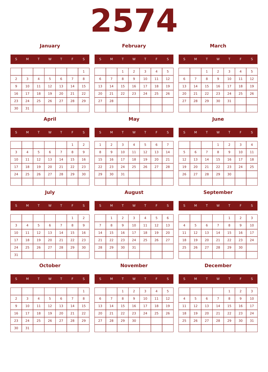 Printable 2574 Year Calendars falu