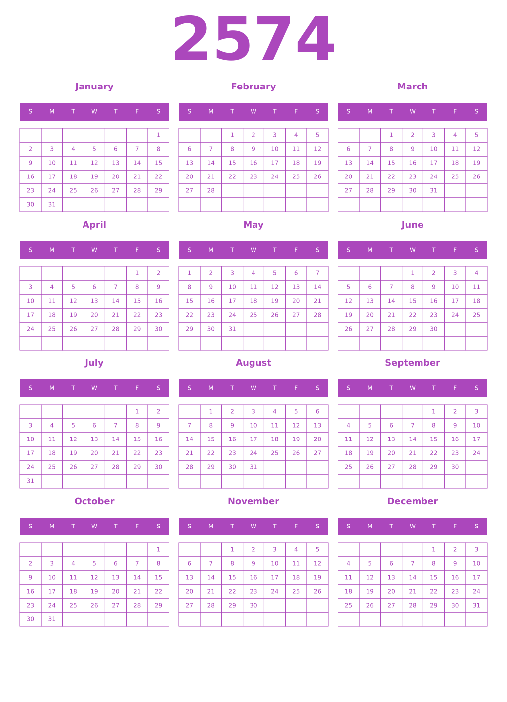Printable 2574 Year Calendars purple