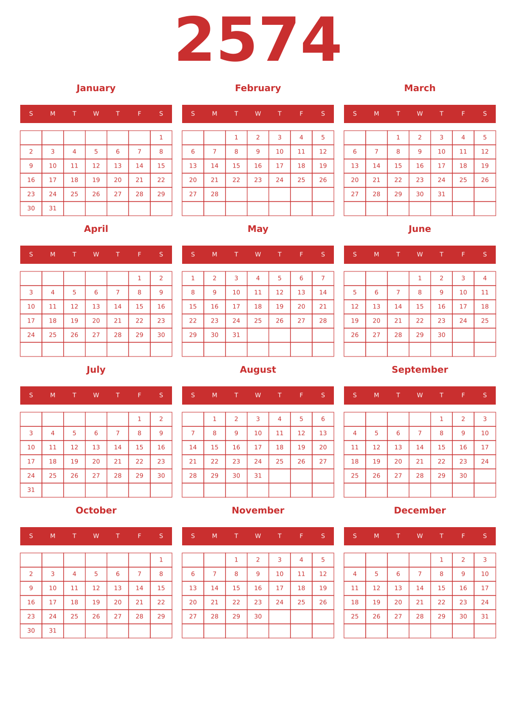 Printable 2574 Year Calendars red