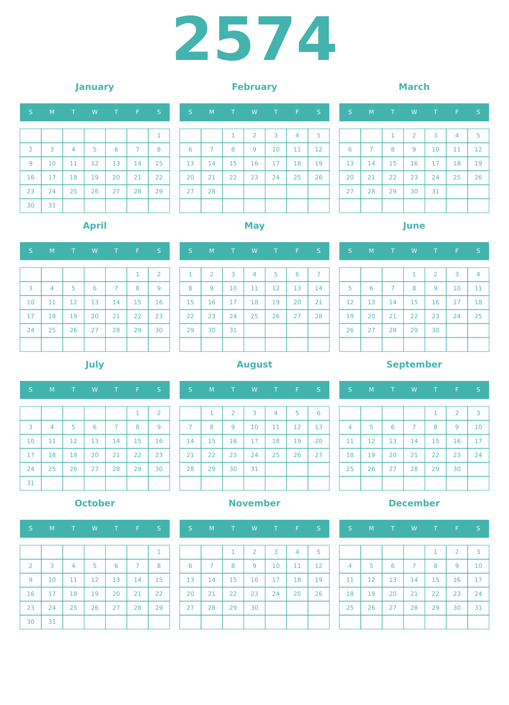 Printable 2574 Year Calendars verdigris