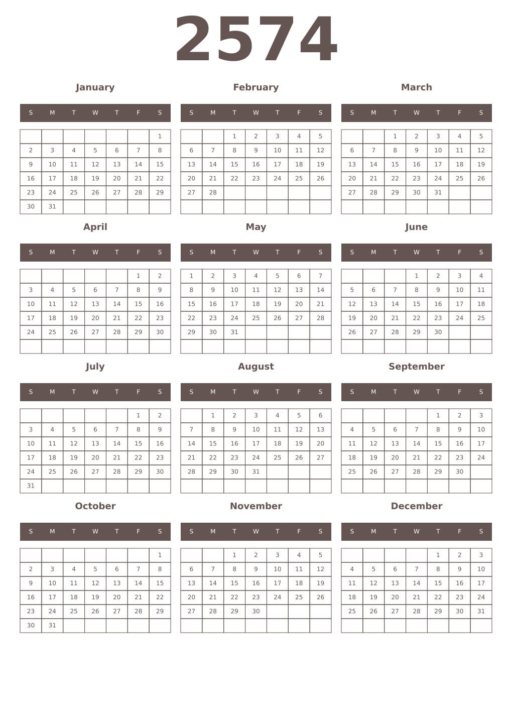 Printable 2574 Year Calendars wenge