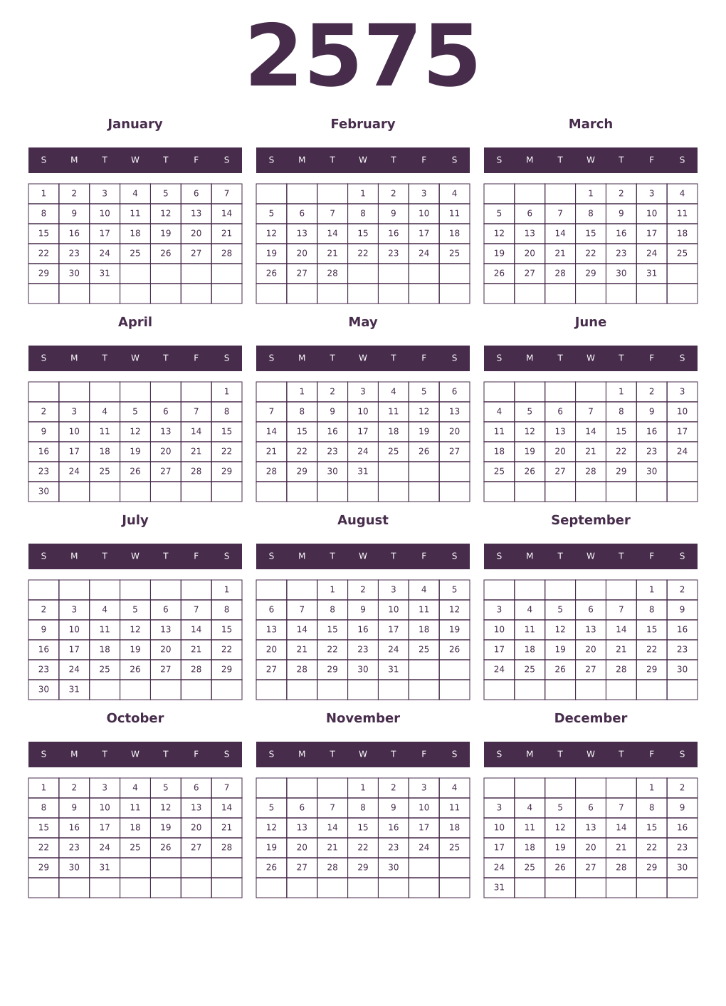 Printable 2575 Year Calendars aubergine