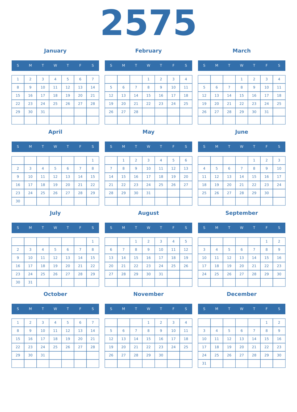 Printable 2575 Year Calendars blue