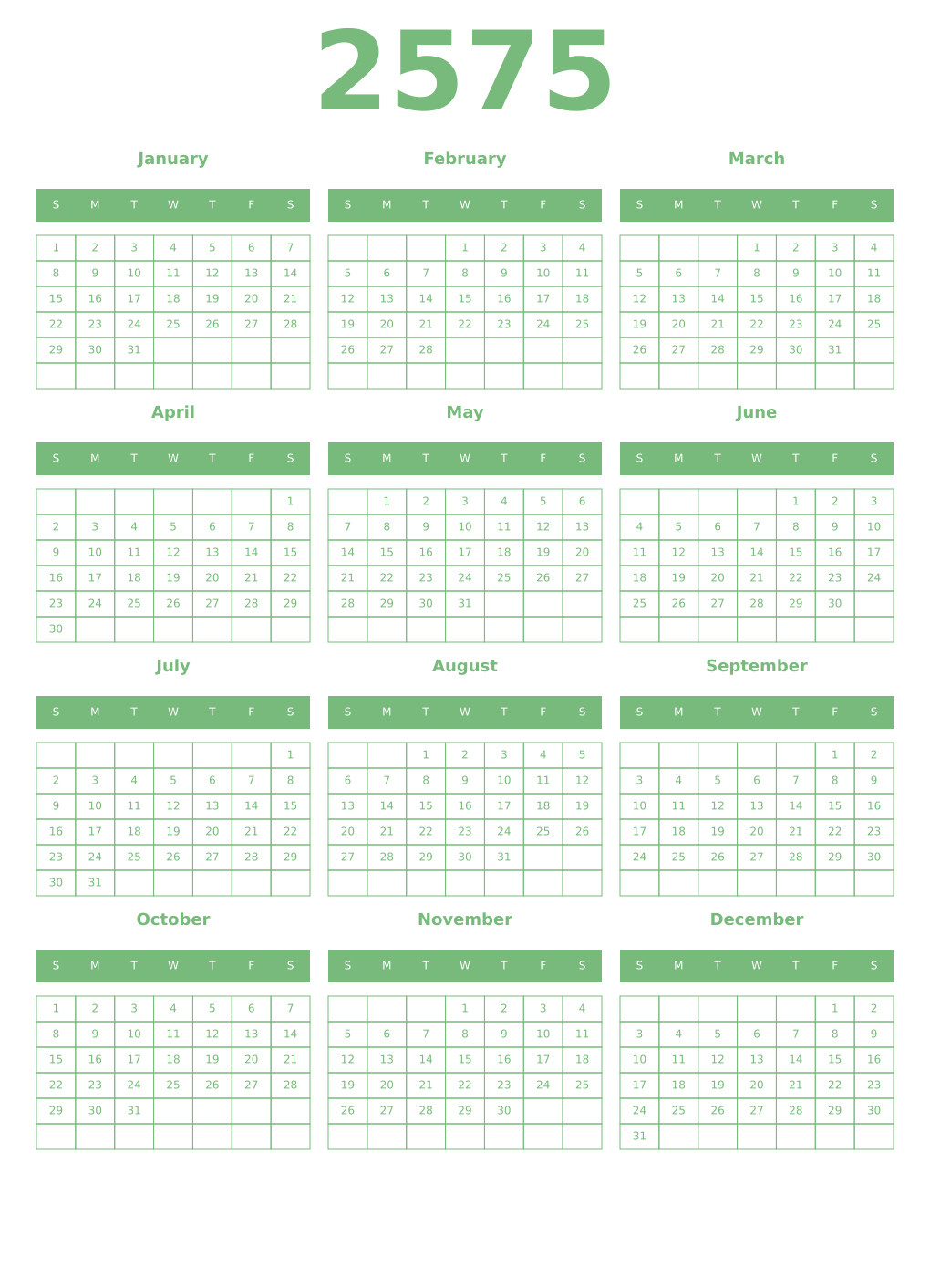 Printable 2575 Year Calendars celadon