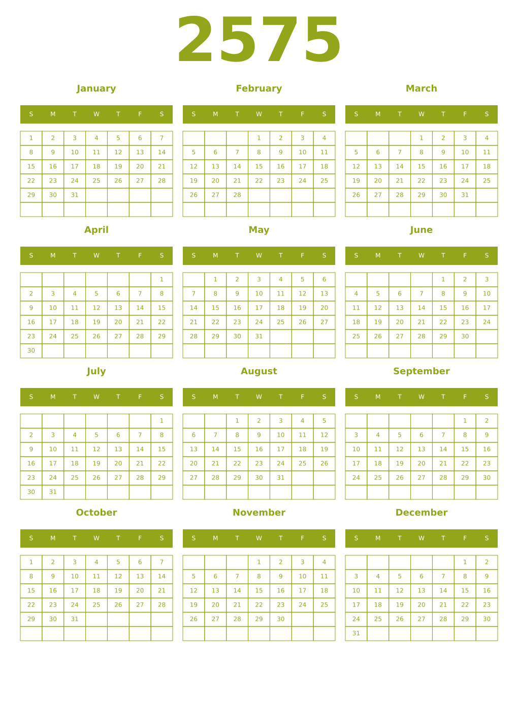 Printable 2575 Year Calendars chartreuse