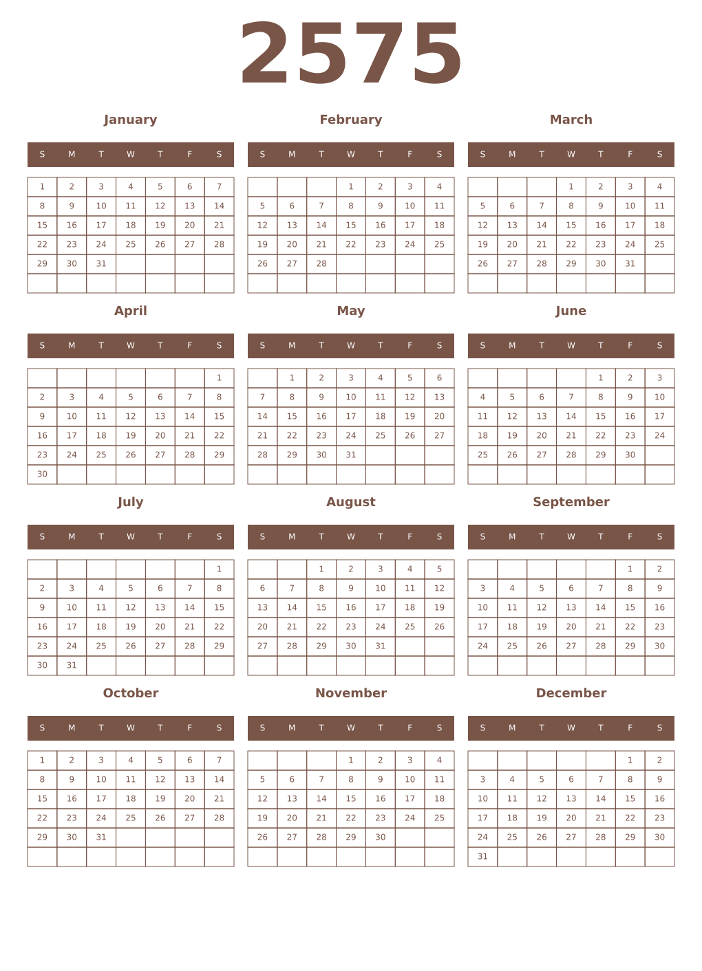 Printable 2575 Year Calendars coffe