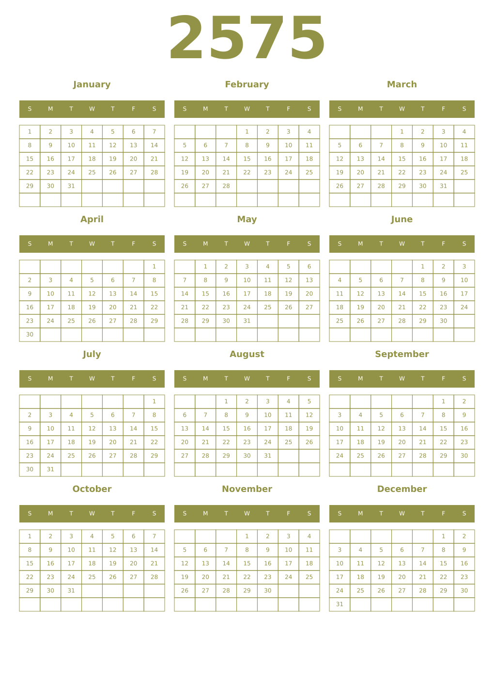 Printable 2575 Year Calendars eburnean
