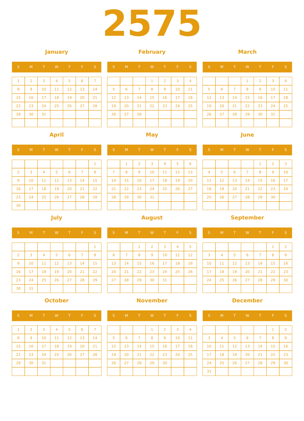 Printable 2575 Year Calendars gamboge