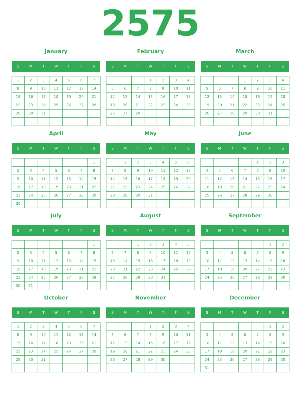 Printable 2575 Year Calendars green