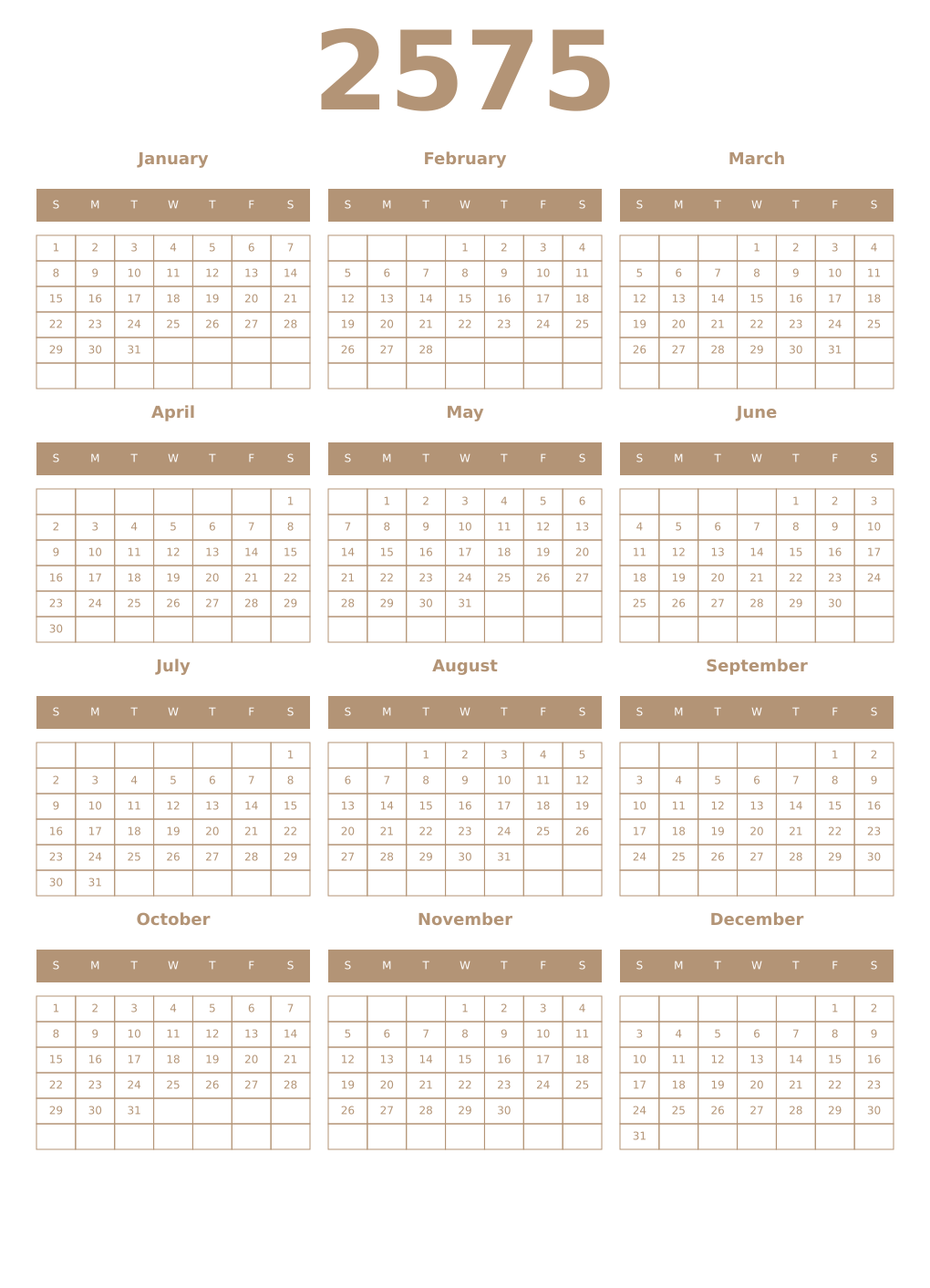 Printable 2575 Year Calendars isabelline