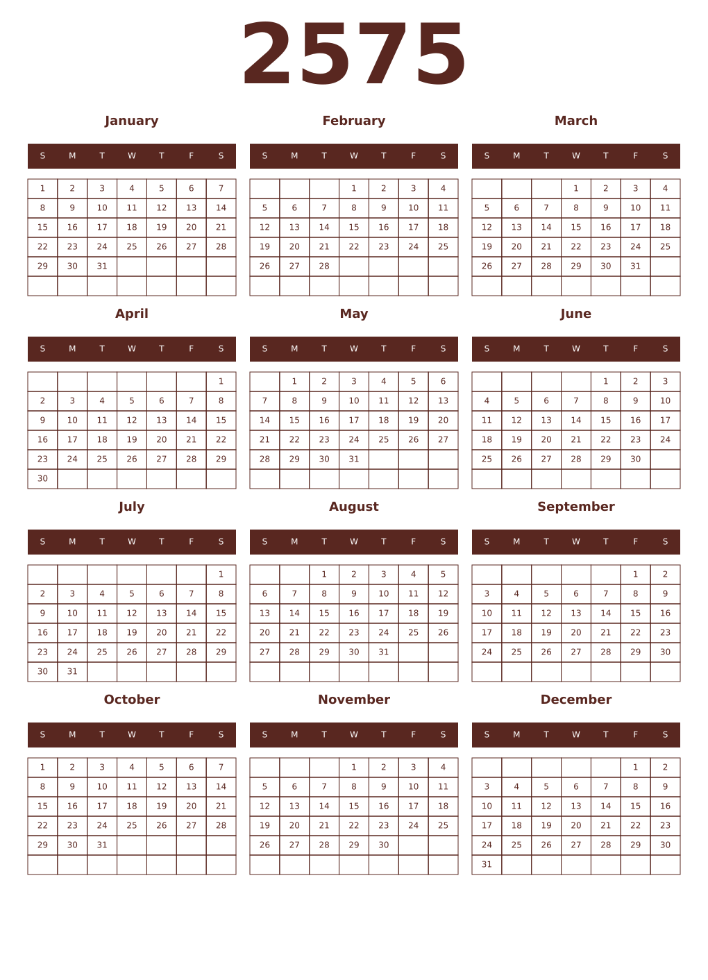 Printable 2575 Year Calendars mortuum