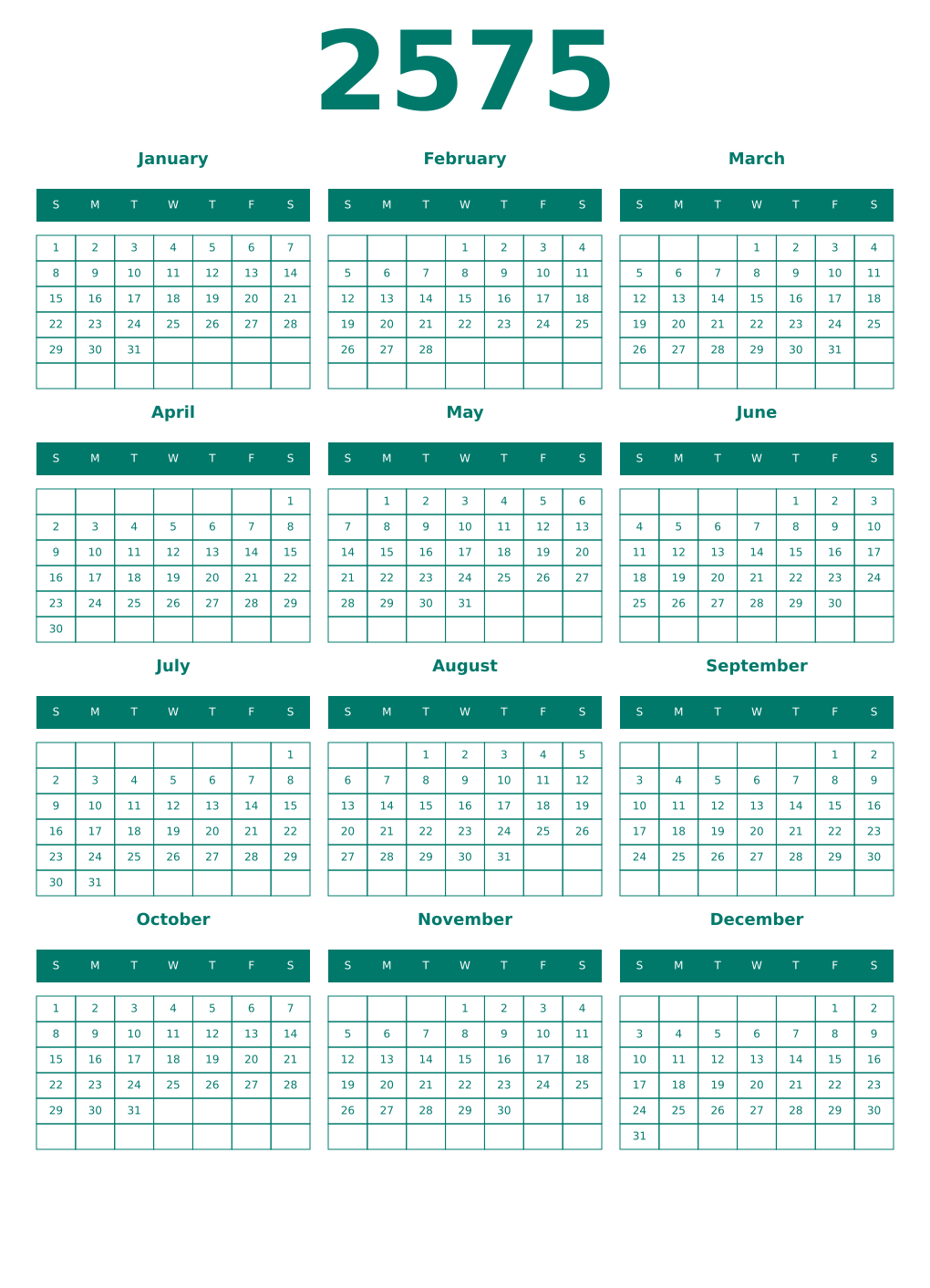 Printable 2575 Year Calendars pastel
