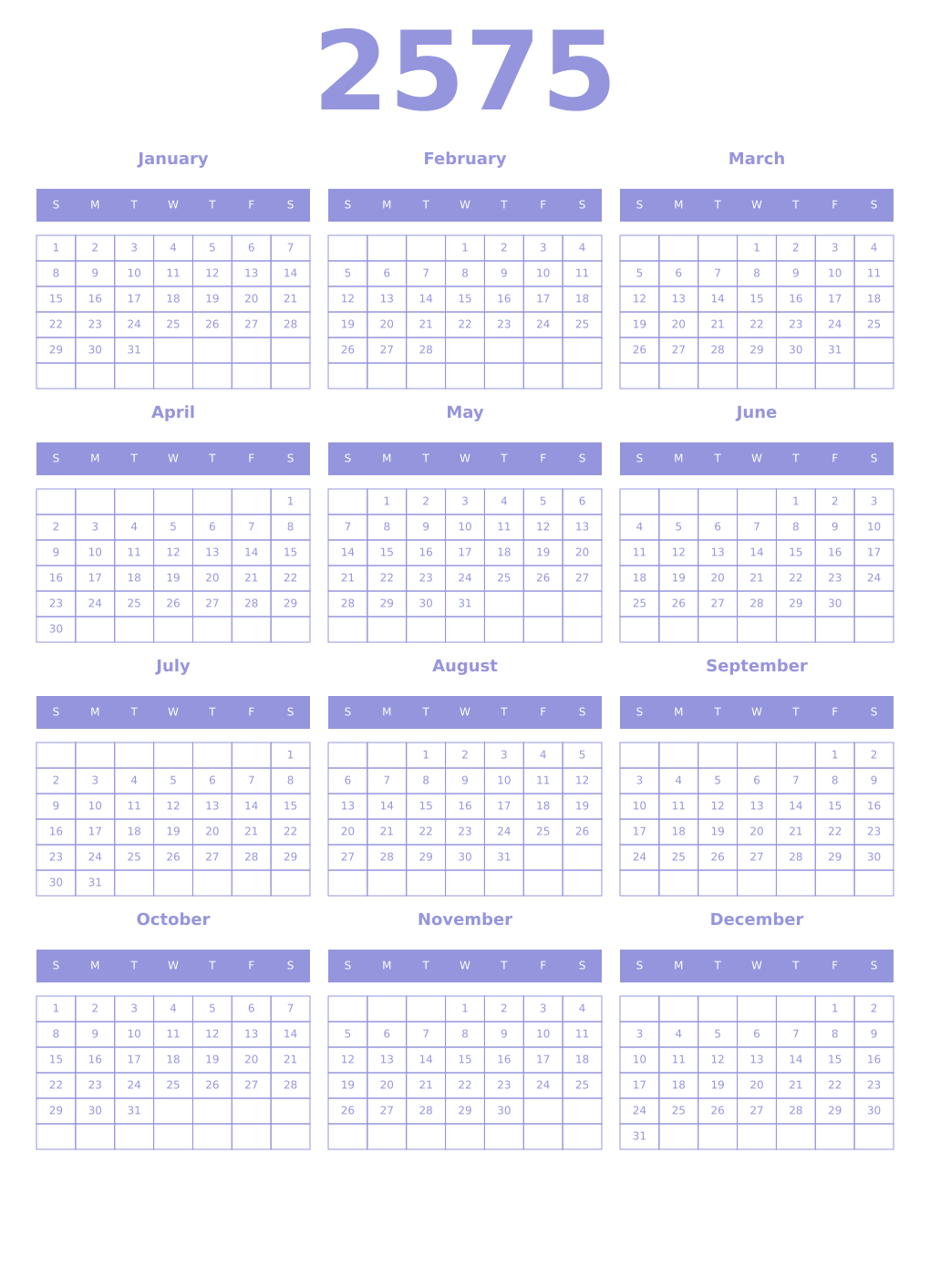Printable 2575 Year Calendars periwinkle