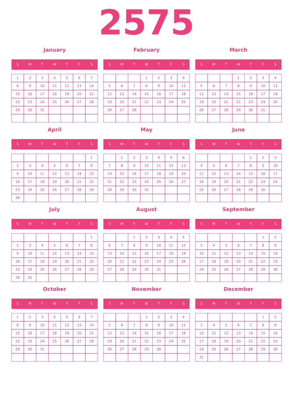 Printable 2575 Year Calendars pink