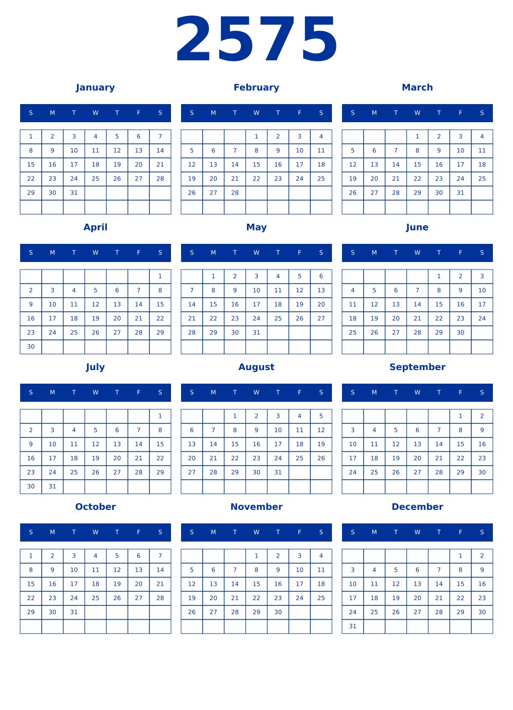 Printable 2575 Year Calendars smalt