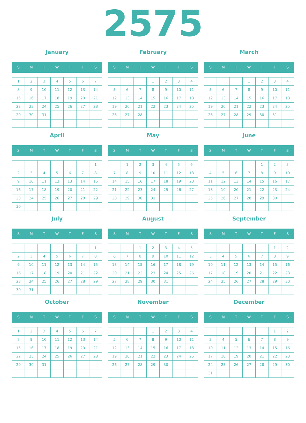 Printable 2575 Year Calendars verdigris