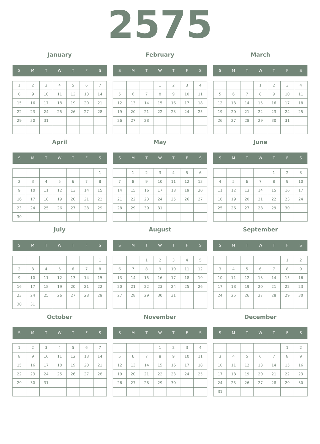Printable 2575 Year Calendars xanadu