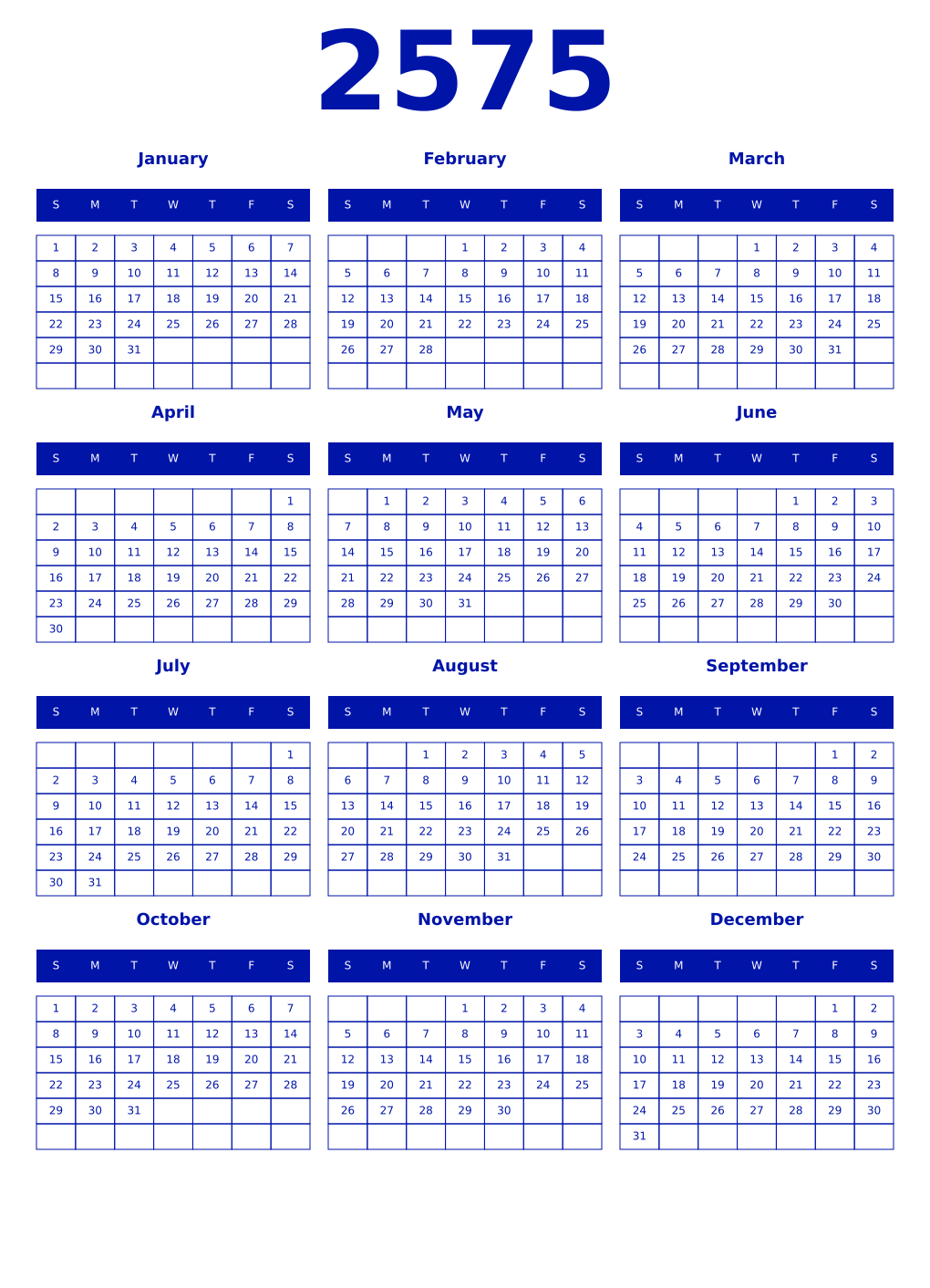 Printable 2575 Year Calendars zaffre