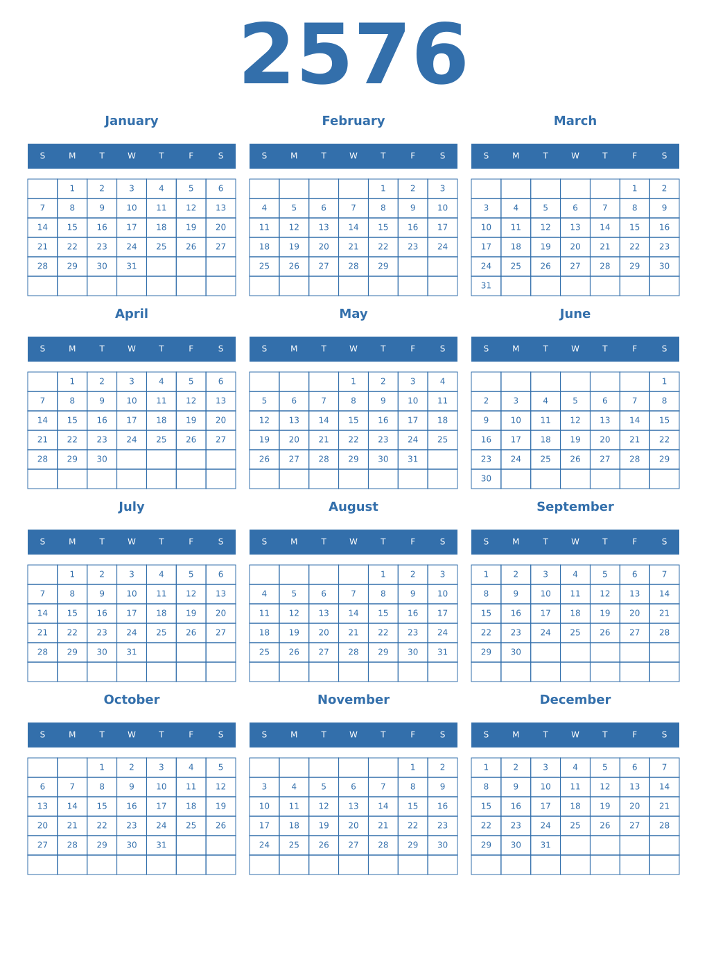 Printable 2576 Year Calendars blue