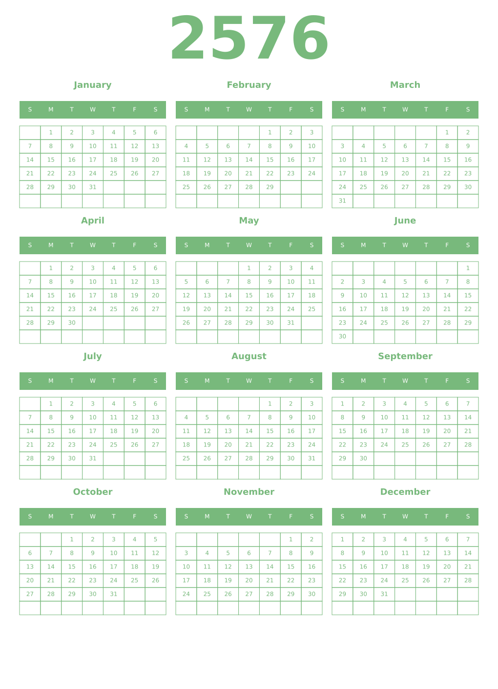 Printable 2576 Year Calendars celadon