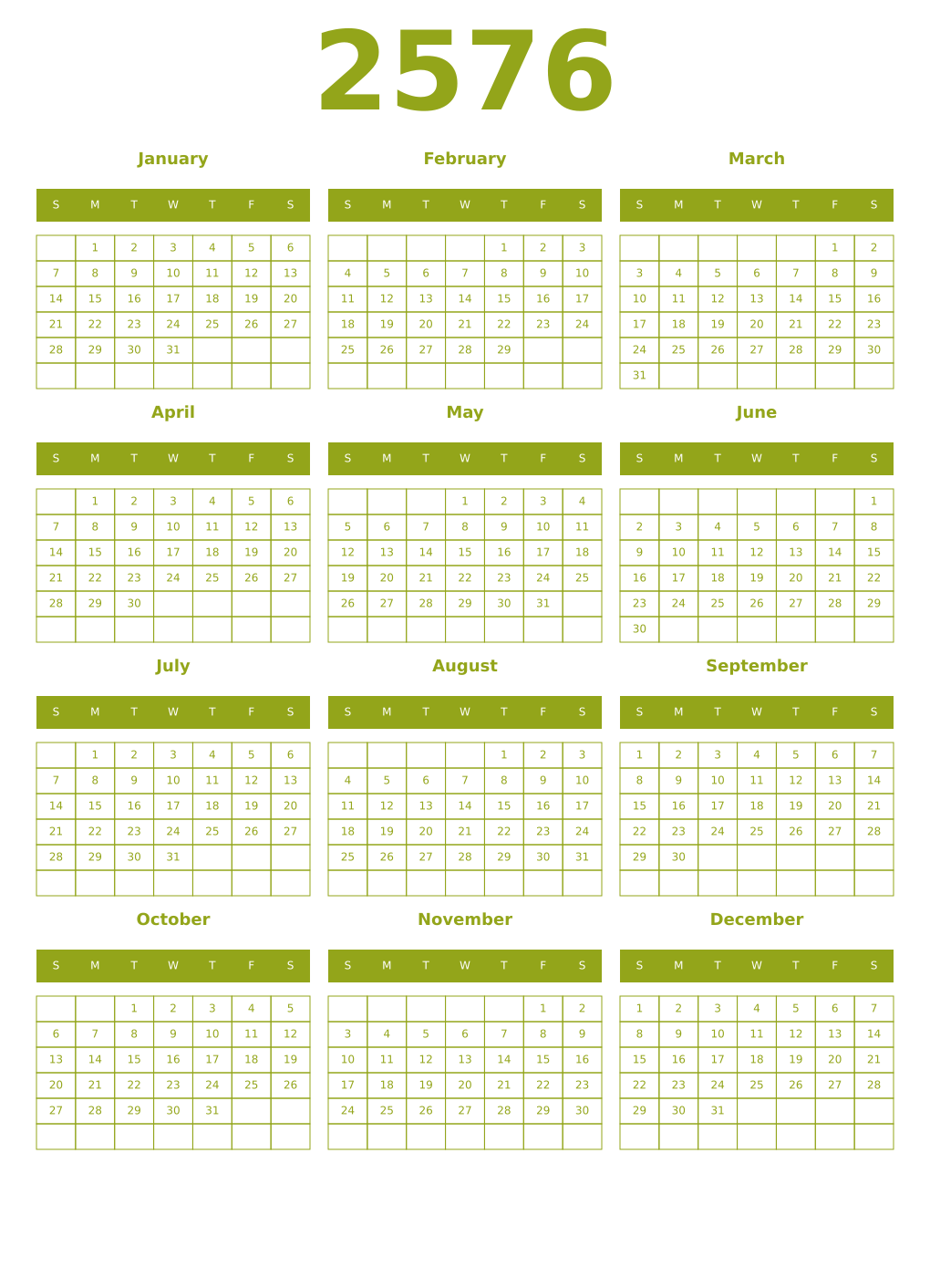 Printable 2576 Year Calendars chartreuse
