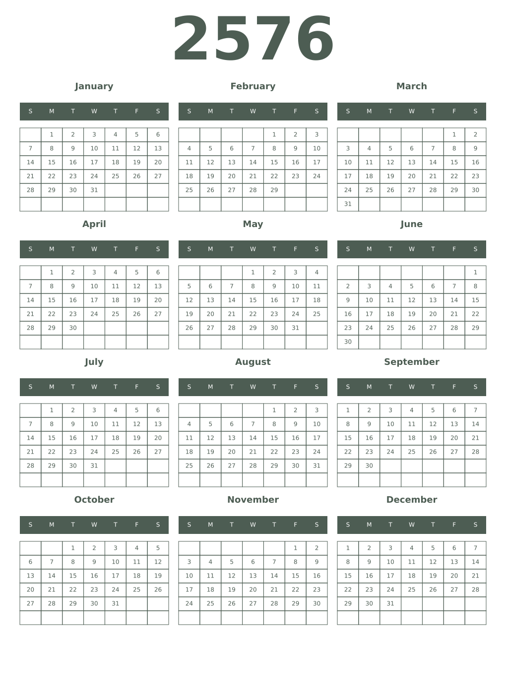 Printable 2576 Year Calendars feldgrau