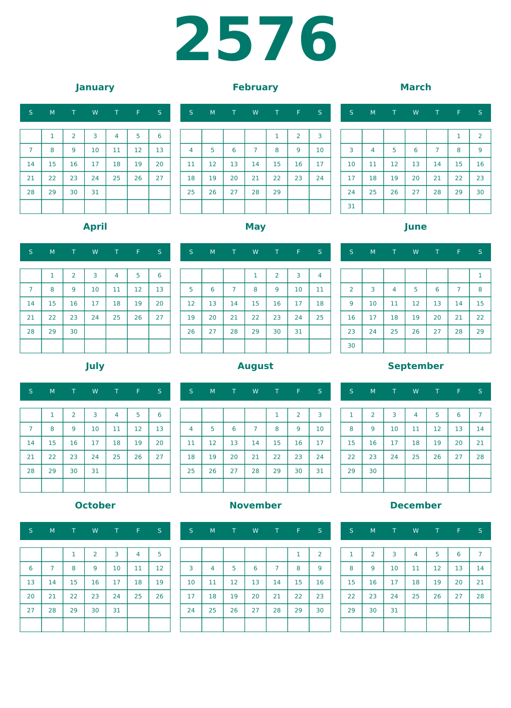 Printable 2576 Year Calendars pastel
