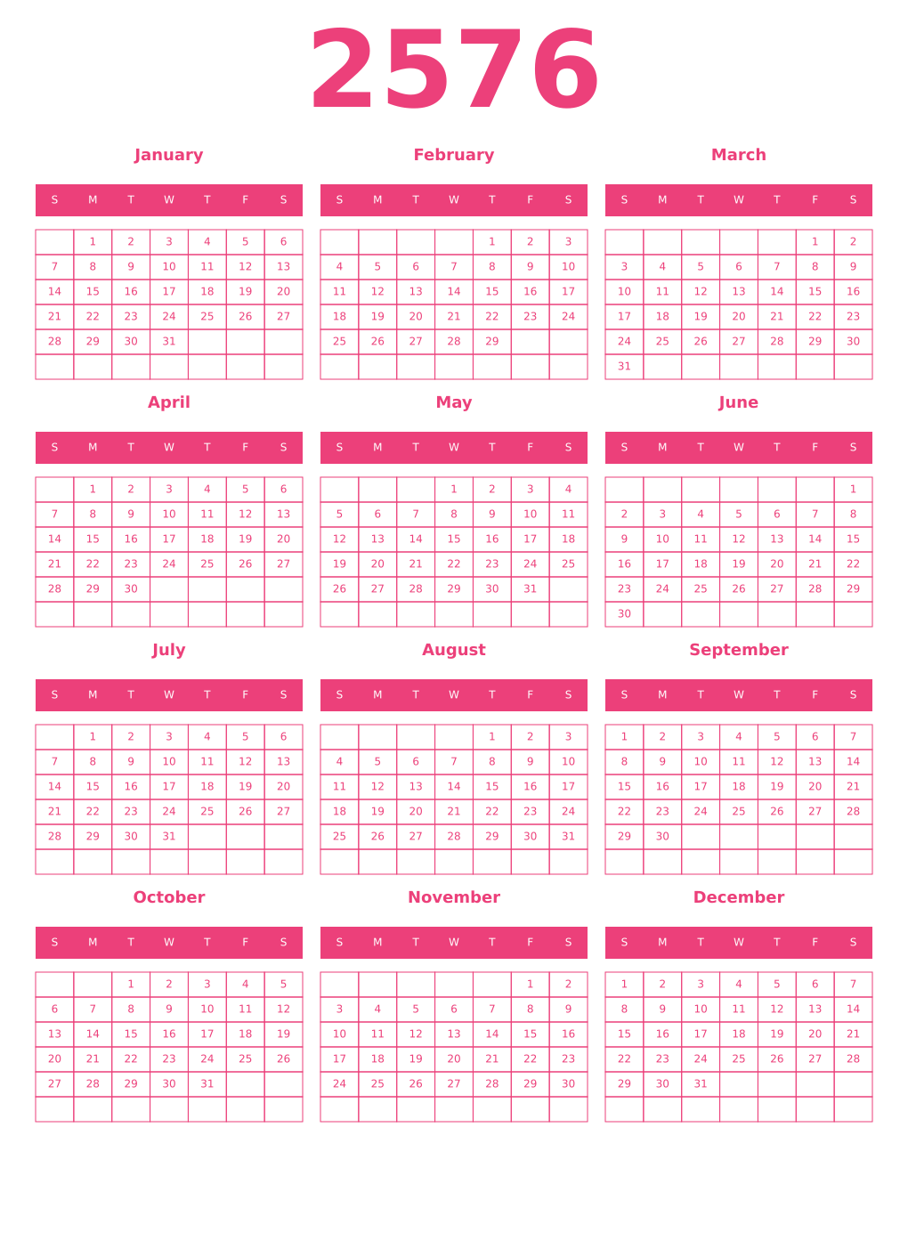Printable 2576 Year Calendars pink