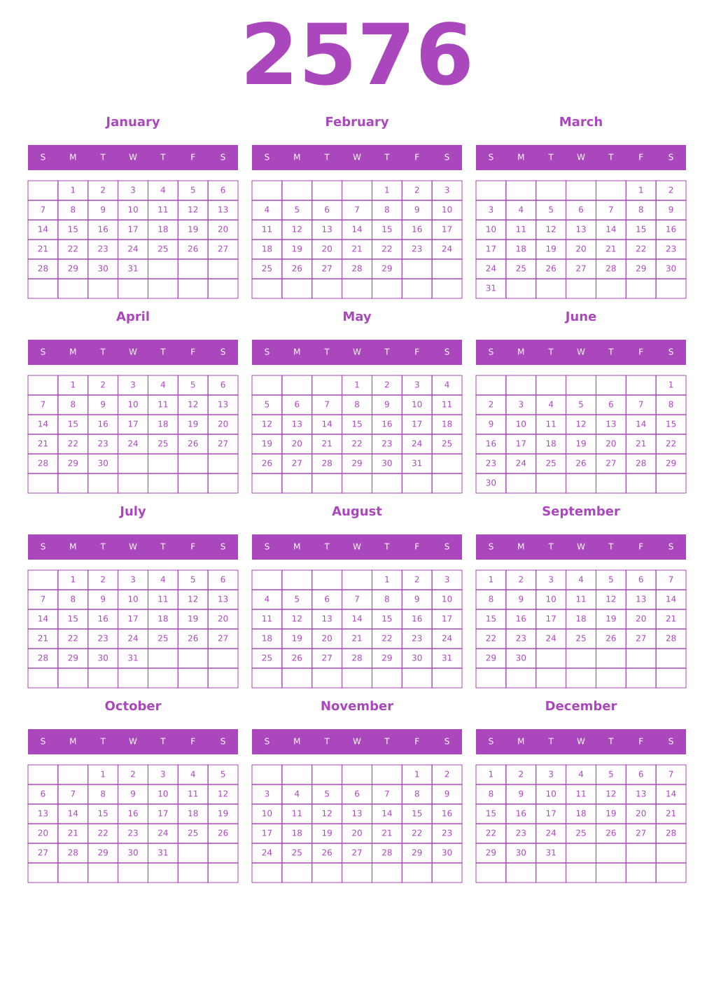 Printable 2576 Year Calendars purple