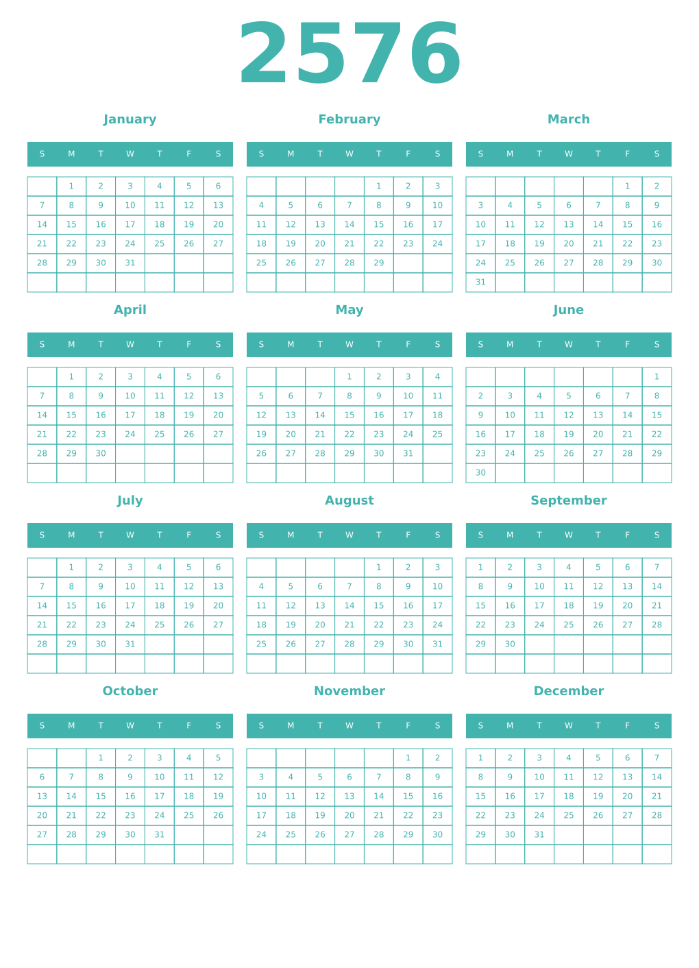 Printable 2576 Year Calendars verdigris