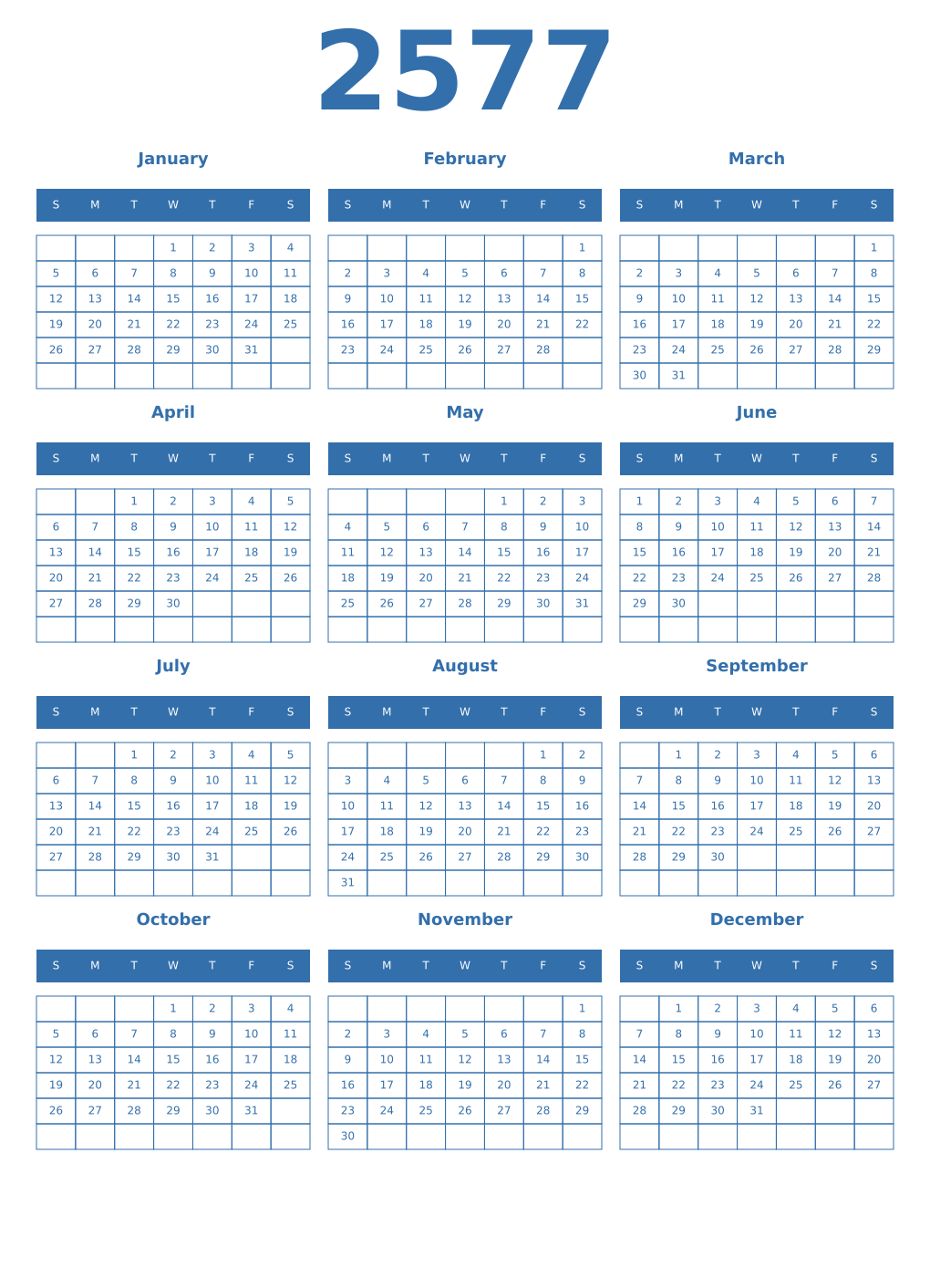 Printable 2577 Year Calendars blue