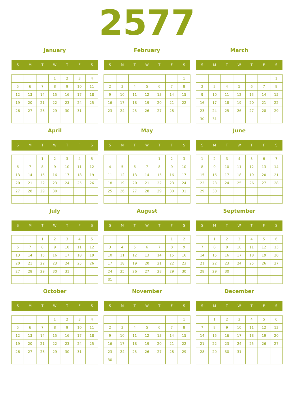 Printable 2577 Year Calendars chartreuse