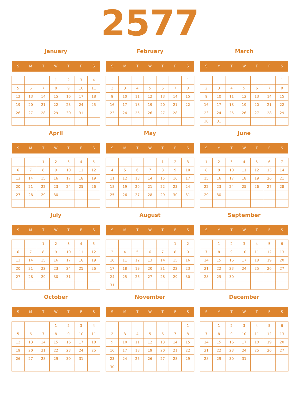 Printable 2577 Year Calendars orange