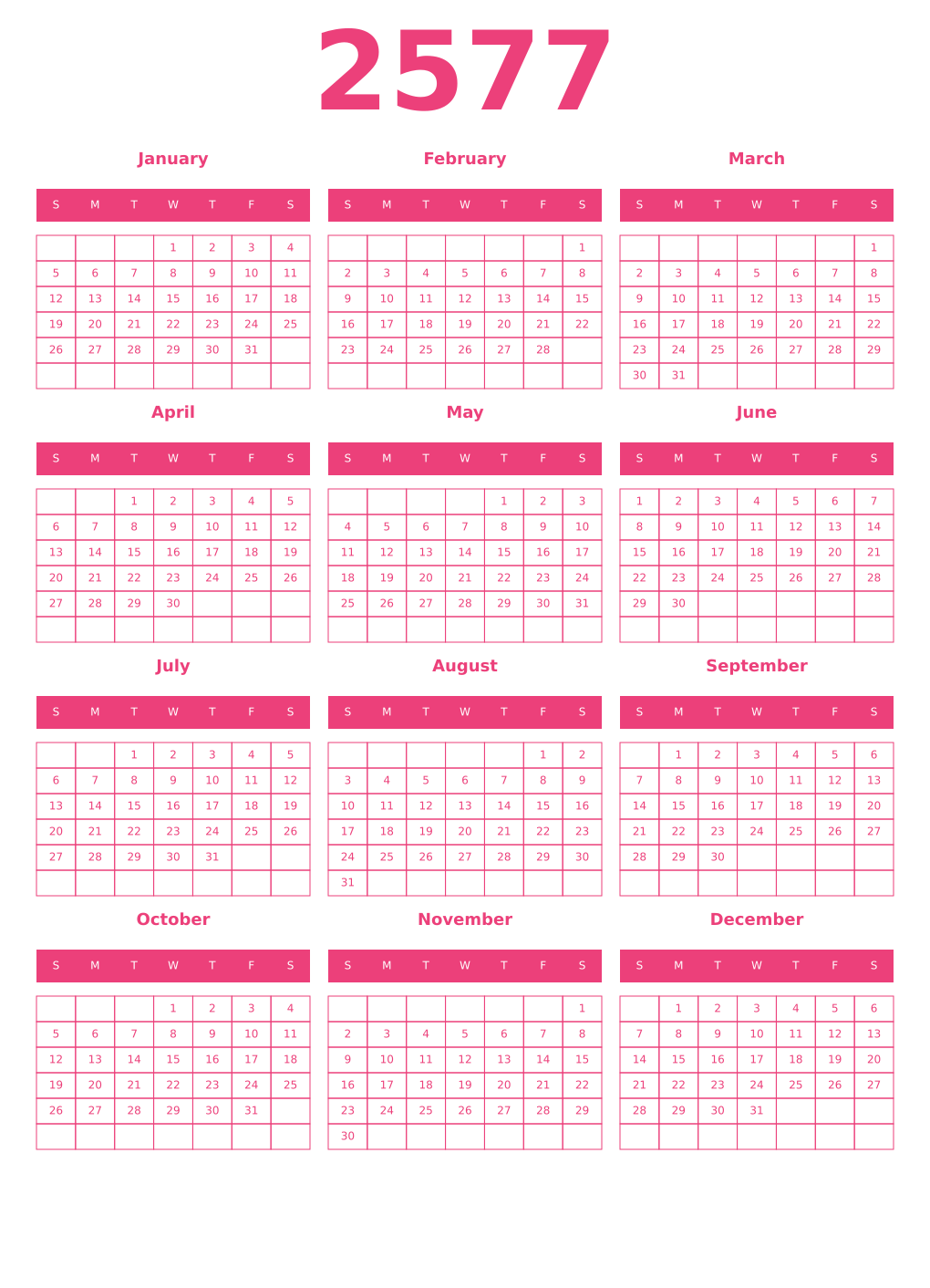 Printable 2577 Year Calendars pink