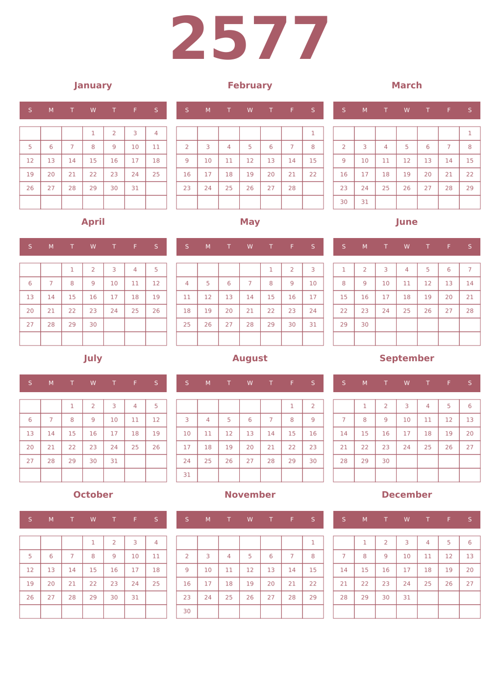 Printable 2577 Year Calendars puce