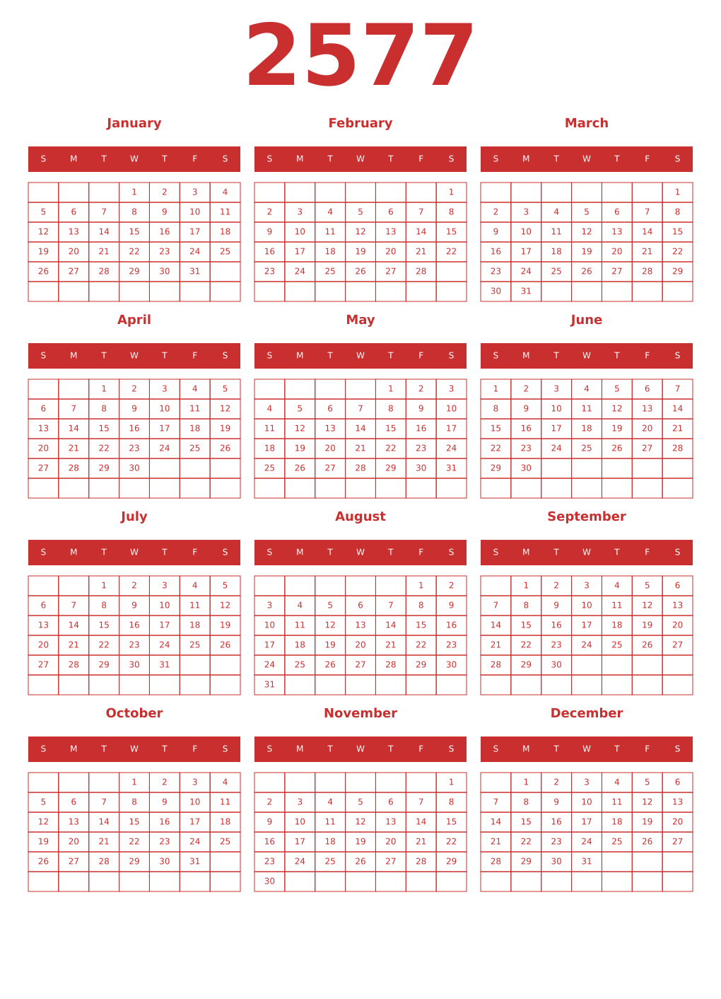 Printable 2577 Year Calendars red
