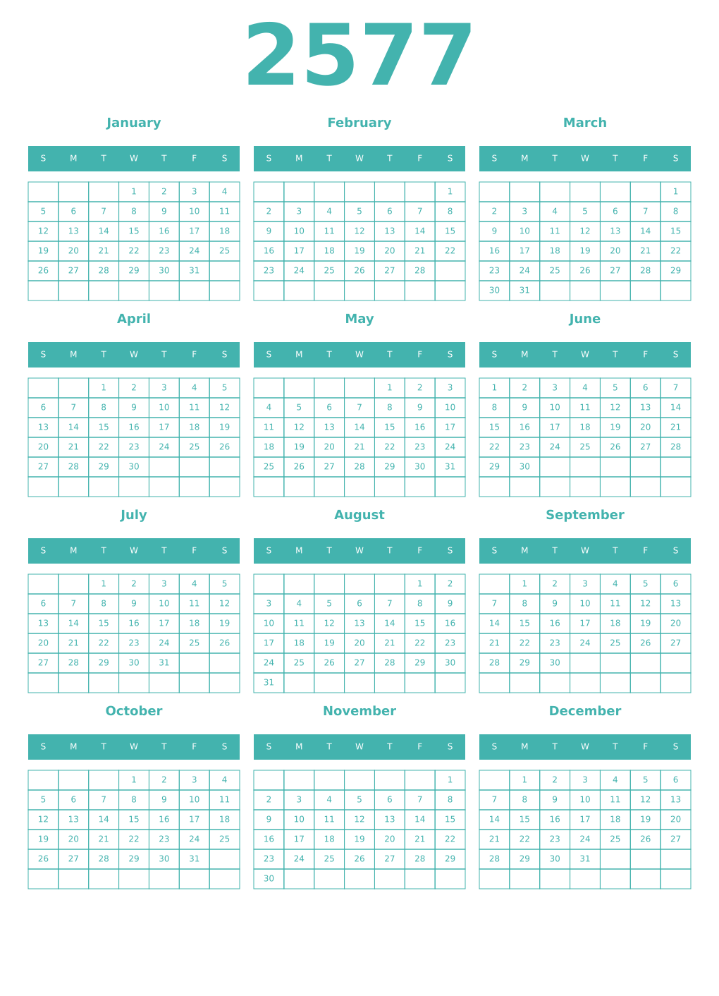 Printable 2577 Year Calendars verdigris