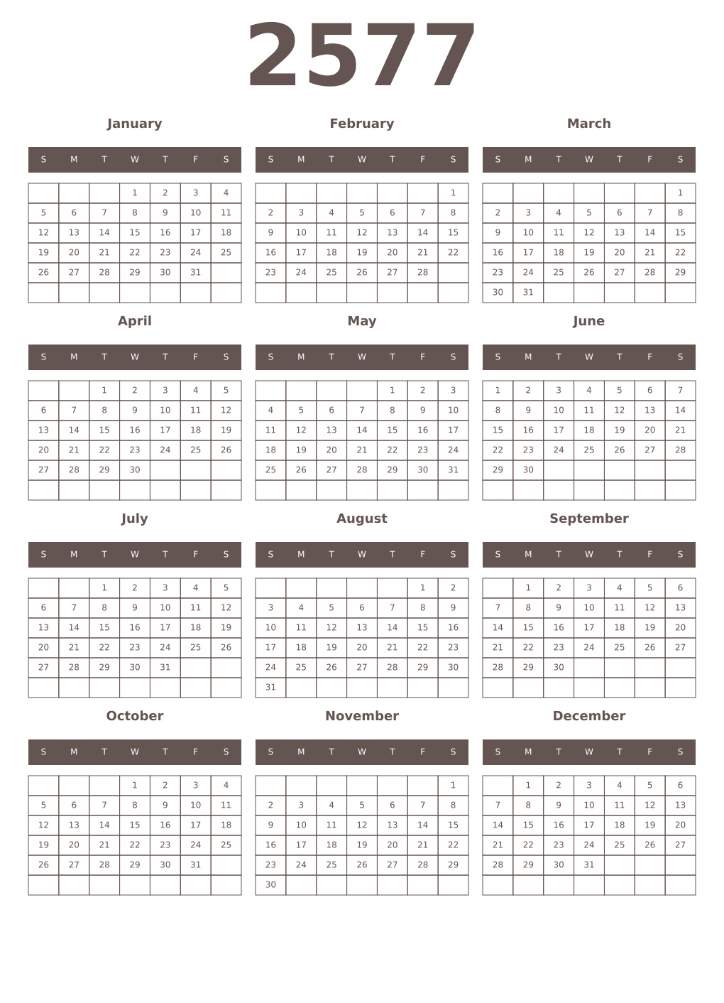 Printable 2577 Year Calendars wenge