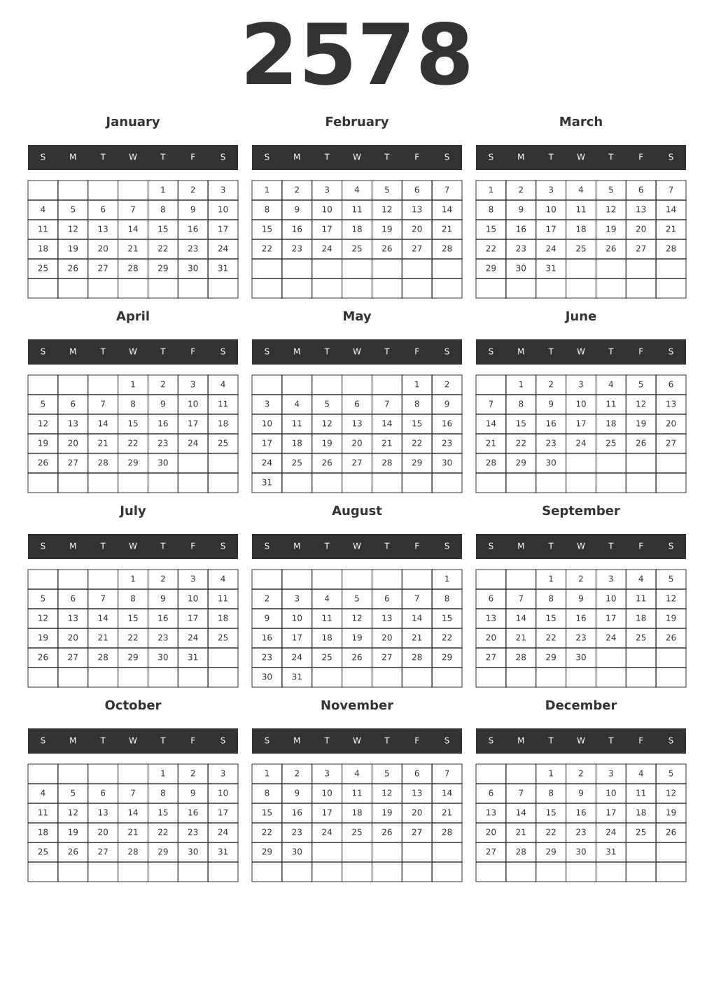 Printable 2578 Year Calendars dark